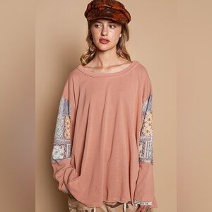 POL Patchwork Sleeve Long Sleeve Top - Peach